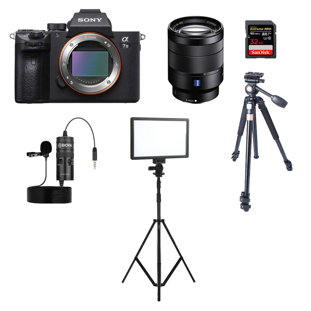 دوربین سونی Sony a7 III +24-70mm+کارت حافظه SD 32GB 95MB/S+پایه Q404،نور SL-116AI و میکروفن M1 PRO