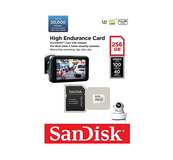 کارت حافظه microSDXC سن دیسک مدل High Endurance کلاس A1 استاندارد UHS-I U3 سرعت 100MBs ظرفیت 256 گیگابایت به همراه آداپتور SD